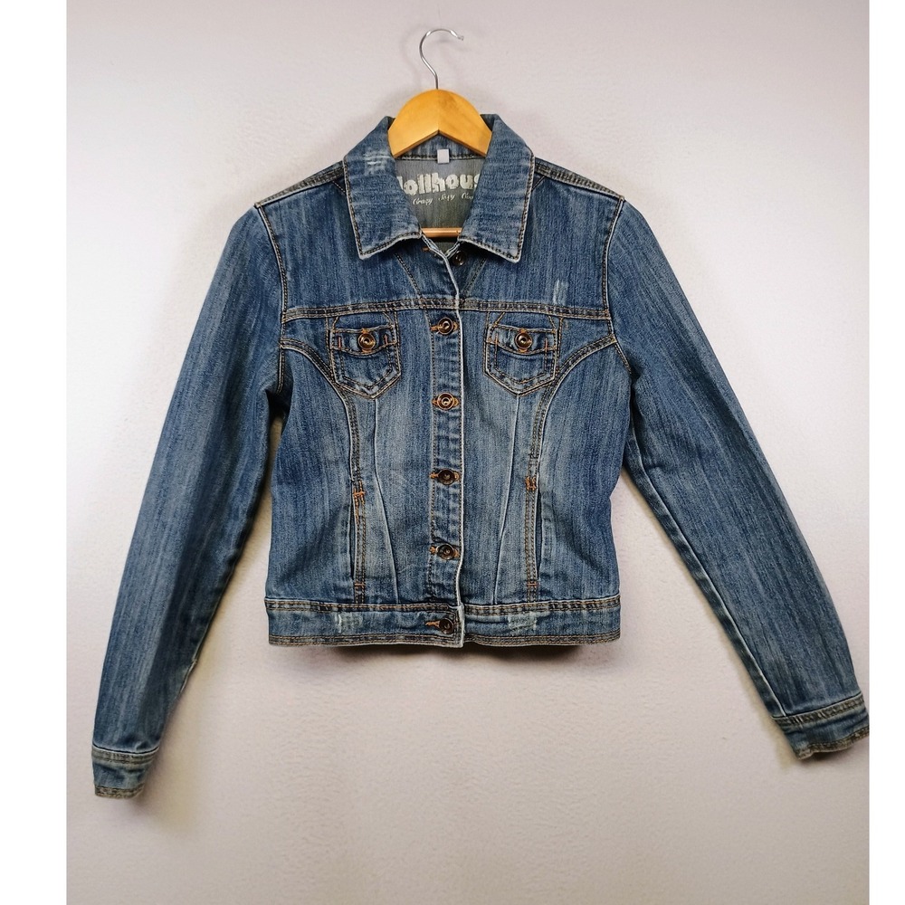 Y2K Indie Dollhouse Womens Size M Blue Denim Jacket Button Down Stretch